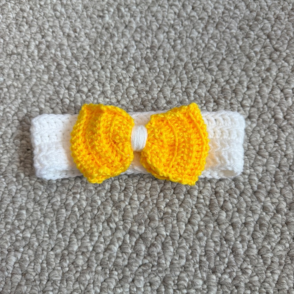 Handmade Crochet Baby Headband White with Yellow‎ Bow OSFM Accessory